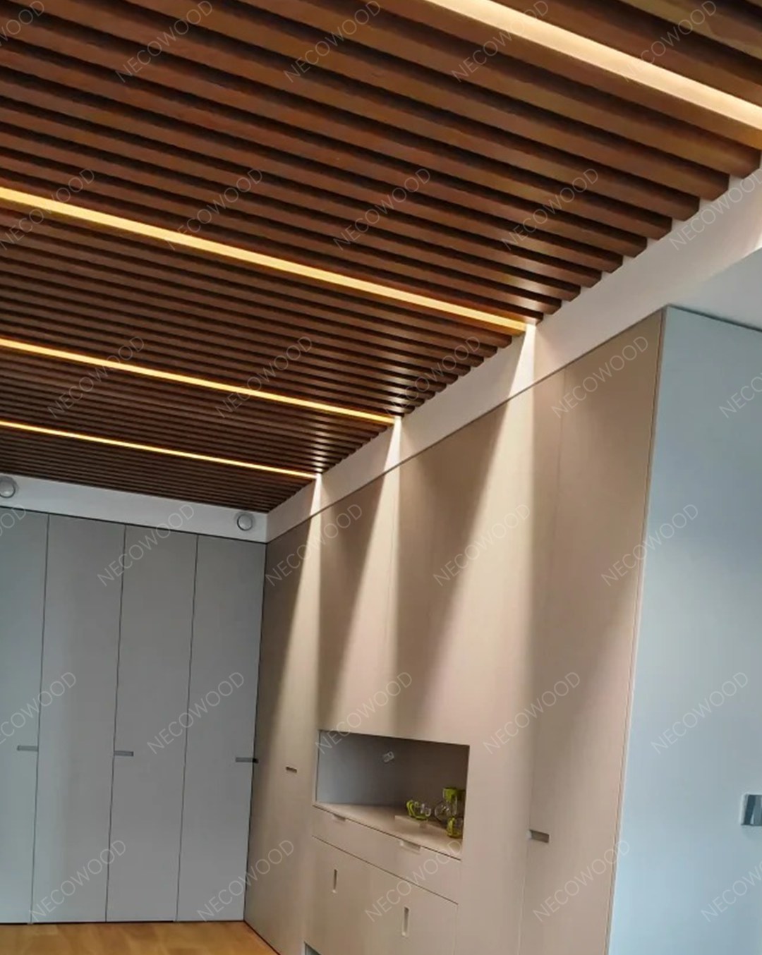 Corner detail with LED strip and WPC ceiling
