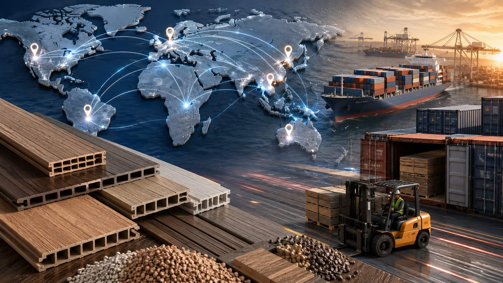 Global shipping container port representing WPC supply chain disruption and trade route restructuring in 2026