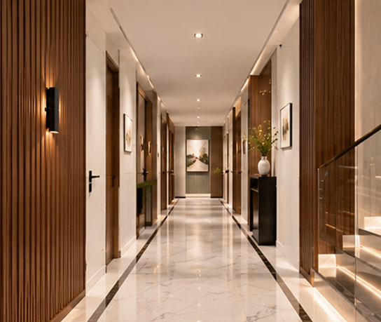Fluted WPC Wall Panel along Villa Corridors and Hallways